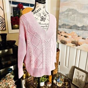 New aerie Pink Acid Wash Cable Knit Deep V- Neck Slouchy Long Sleeve Sweater.